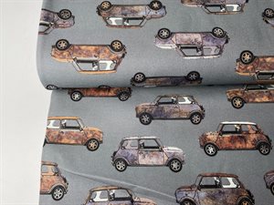 Canvas dekostof - fede gamle mini biler på gråblå bund